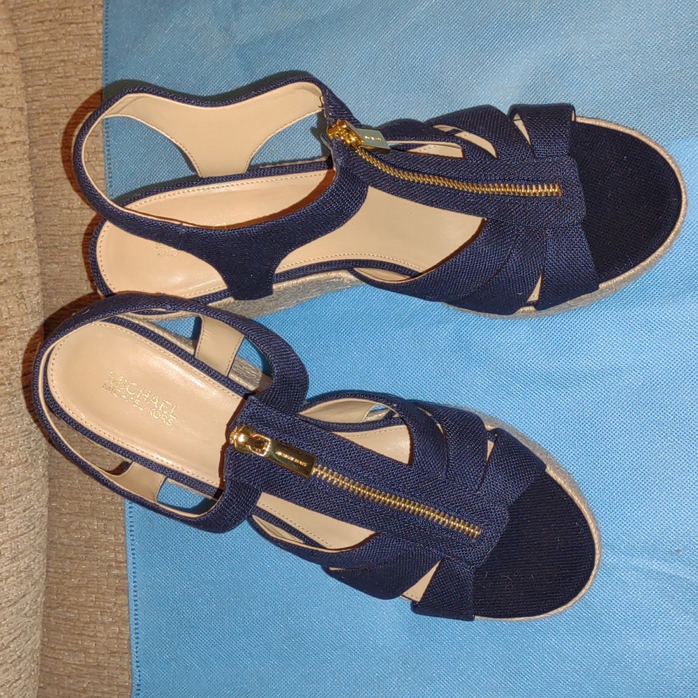 Michael Kors Beckley Platform Wedge Navy Blue Canvas 10M.
